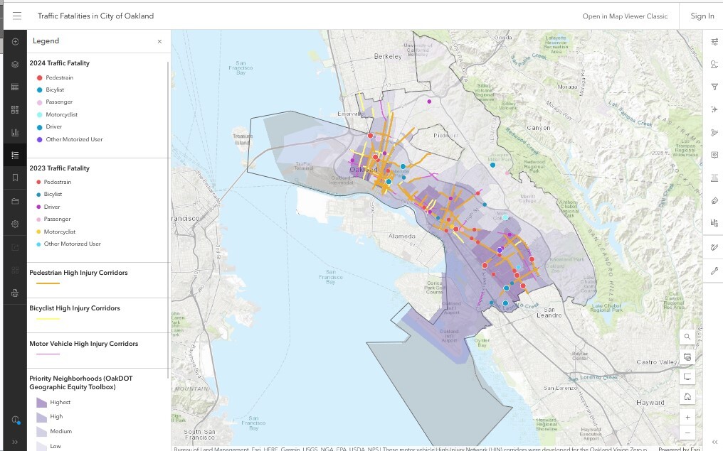 A map describing the location of traffic fatalities in City of Oakland