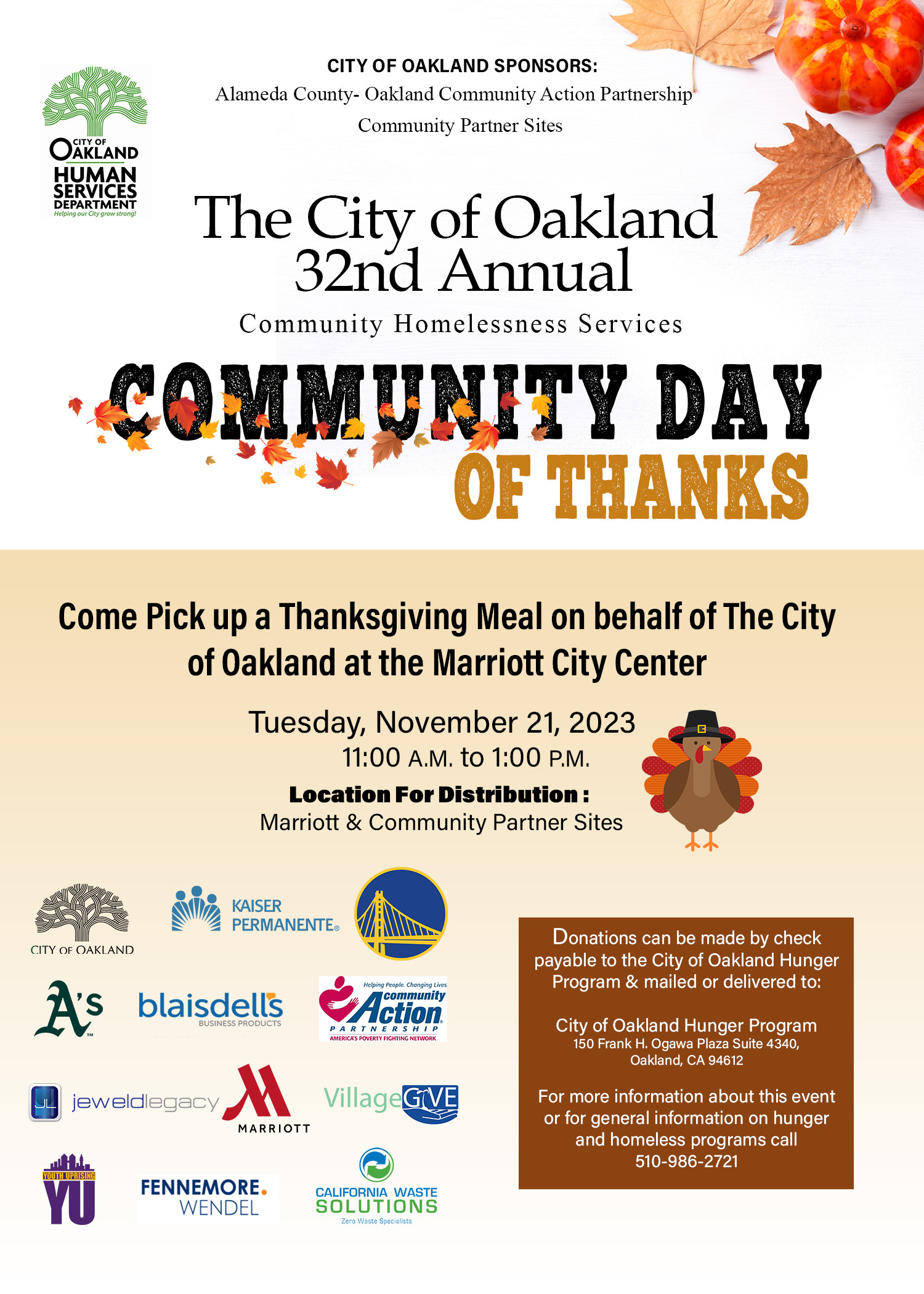 Flyer for 32nd annual Community Day of Thanks held at Oakland Marriott City Center from 11AM-1PM