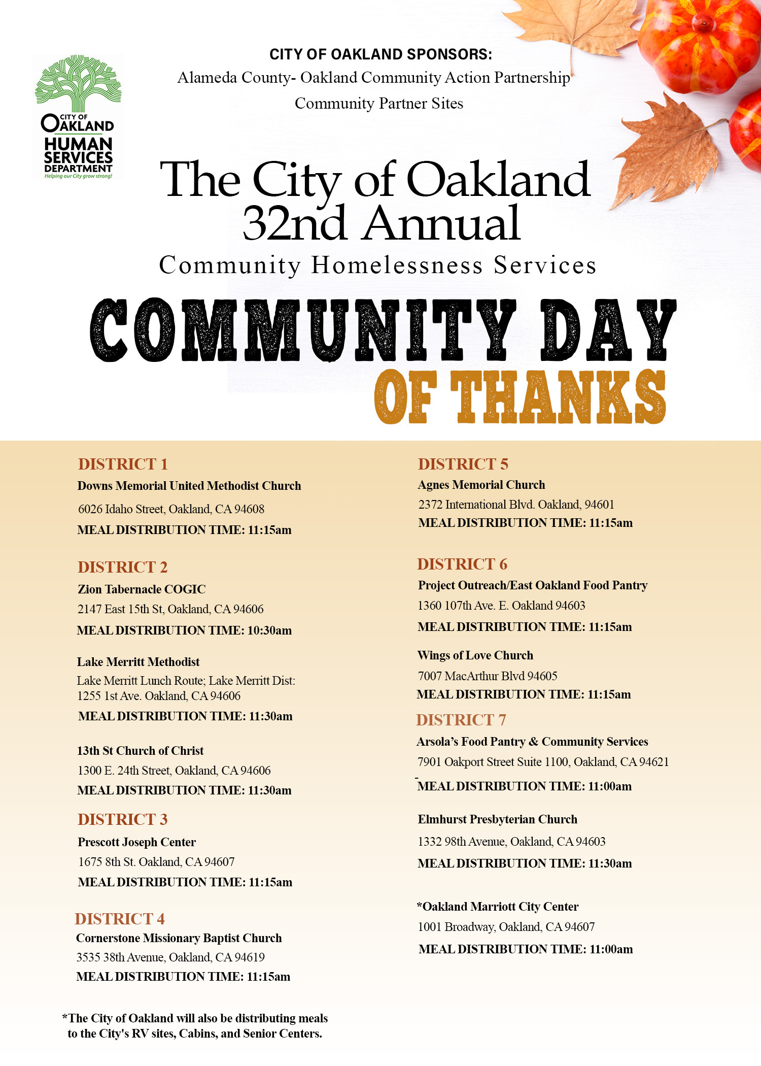 Flyer describing where the Community Day of Thanks Meals will be distributed in addition to the Marriott