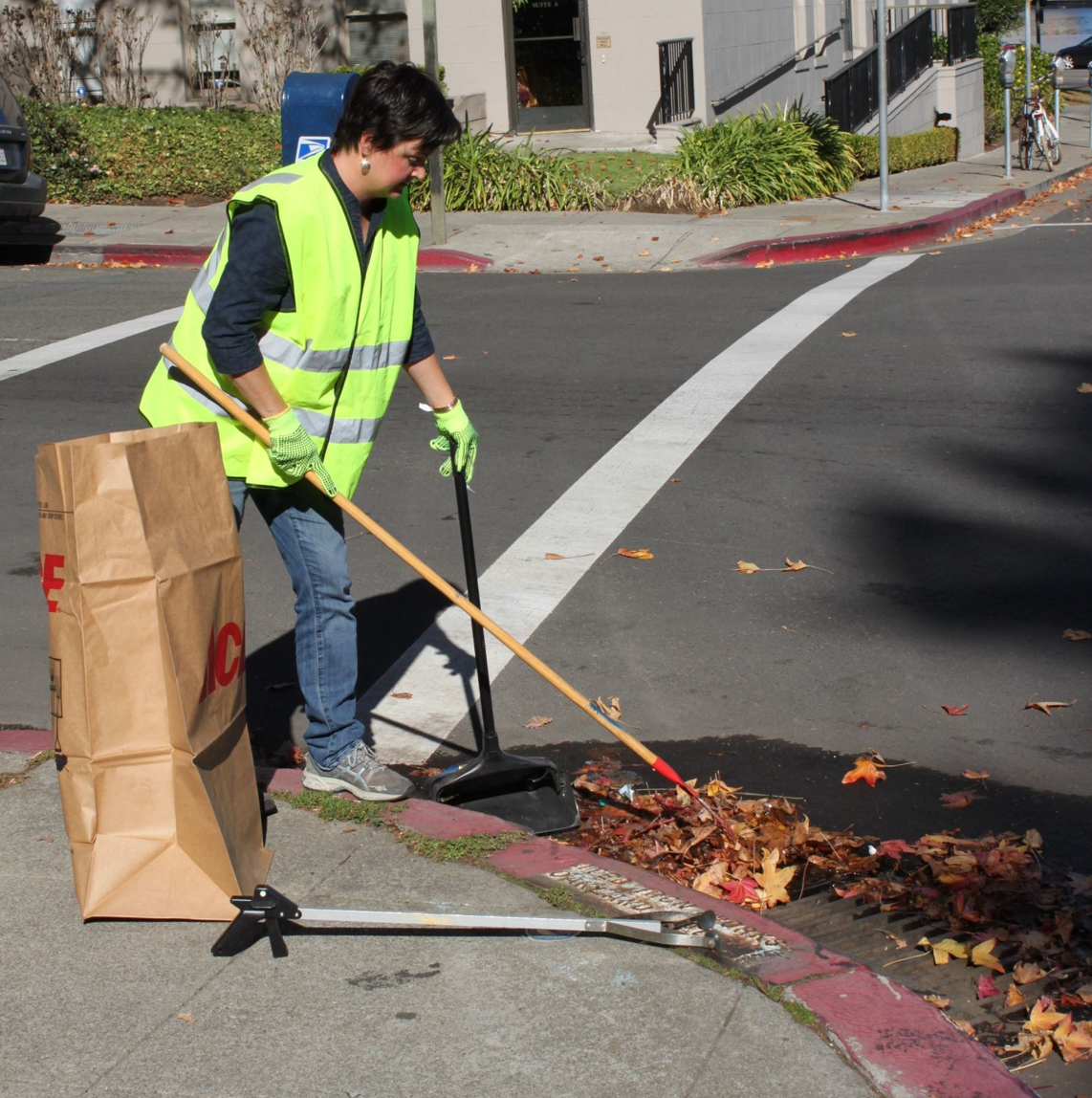 volunteer cleaning debris from storm drain inlet