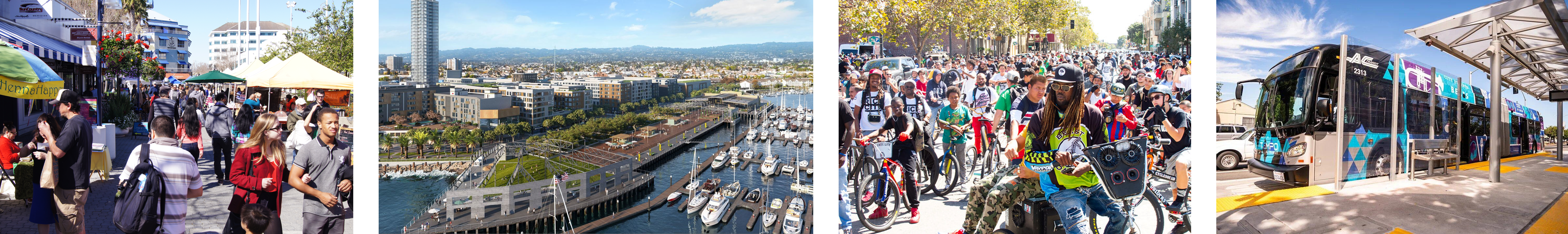 Banner showing four small images 1) people at an outdoor market, 2) harbor of boats, 3) crowd of people on scraper bikes, 4) AC transit bus