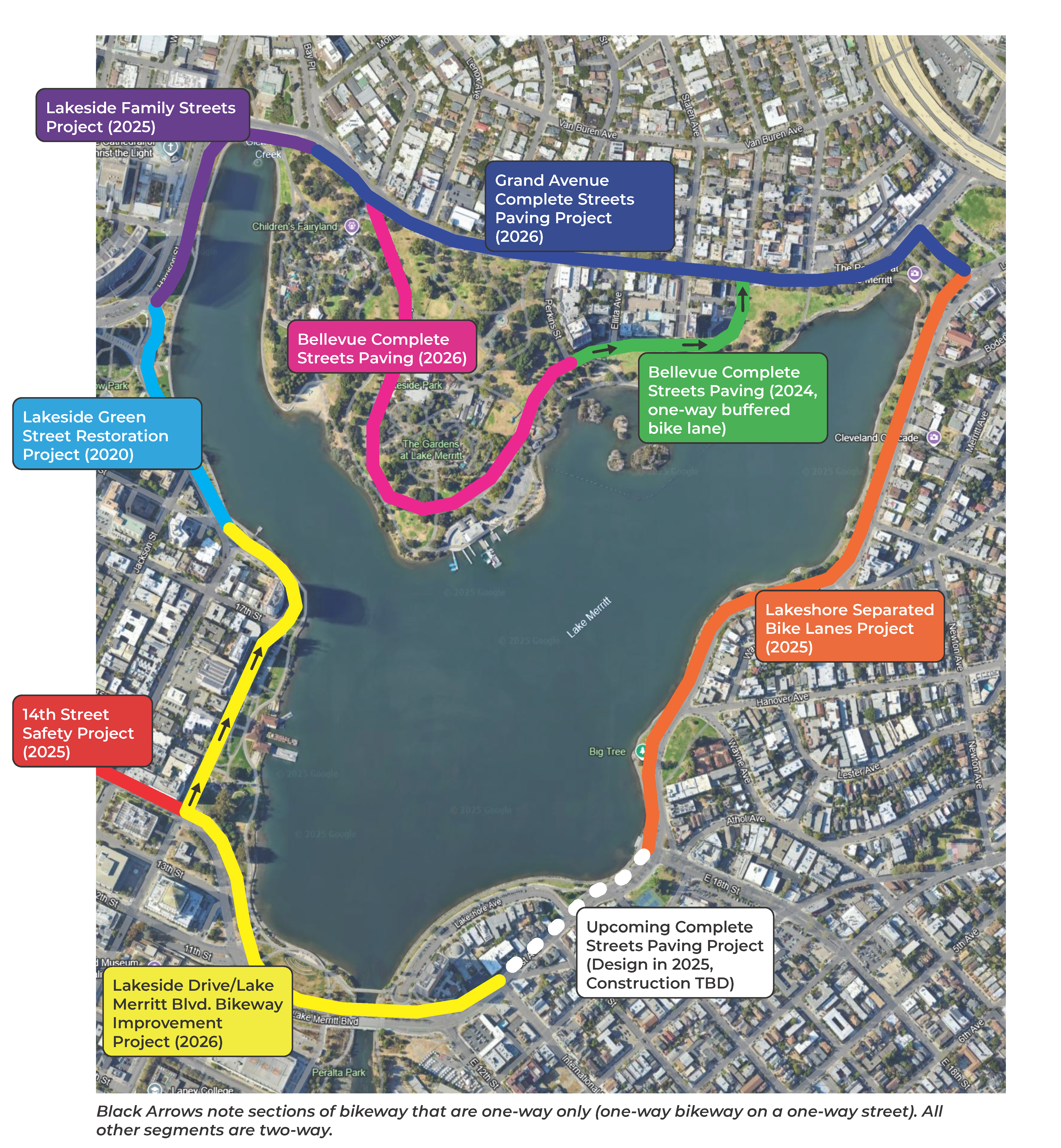 Map of Lake Merritt showing street safety projects on all the streets around the lake
