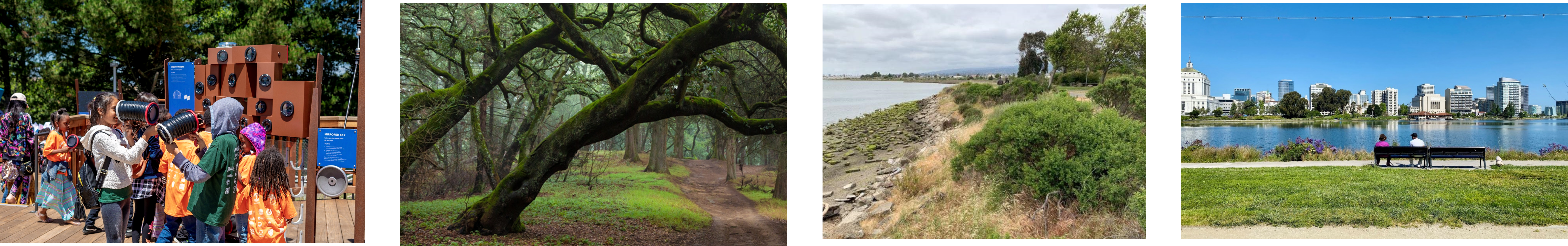 Banner of four images showing 1) children playing at park, 2) grove of trees, 3) green space overlooking water, 4) people sitting on bench by Lake Merritt