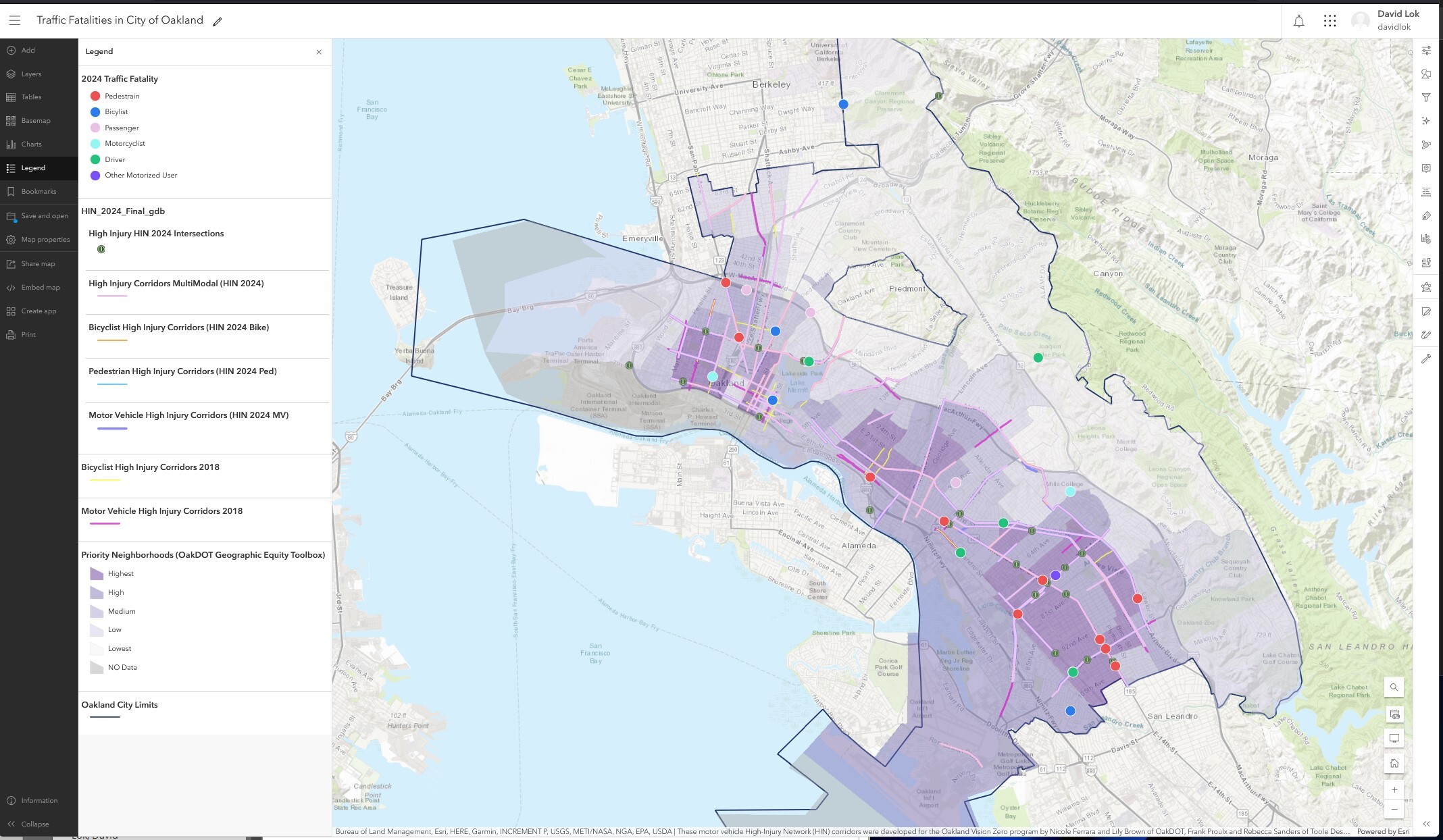 A map describing the location of traffic fatalities in City of Oakland