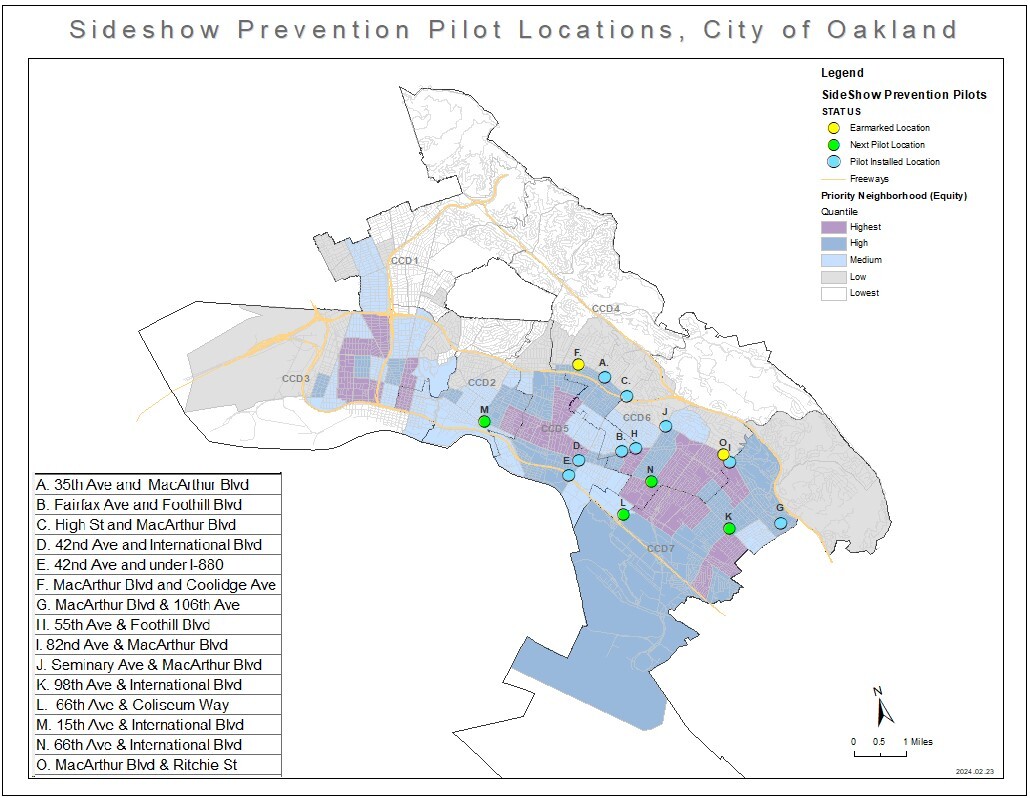 Map of locations where sideshow prevention pilot measures have been installed.