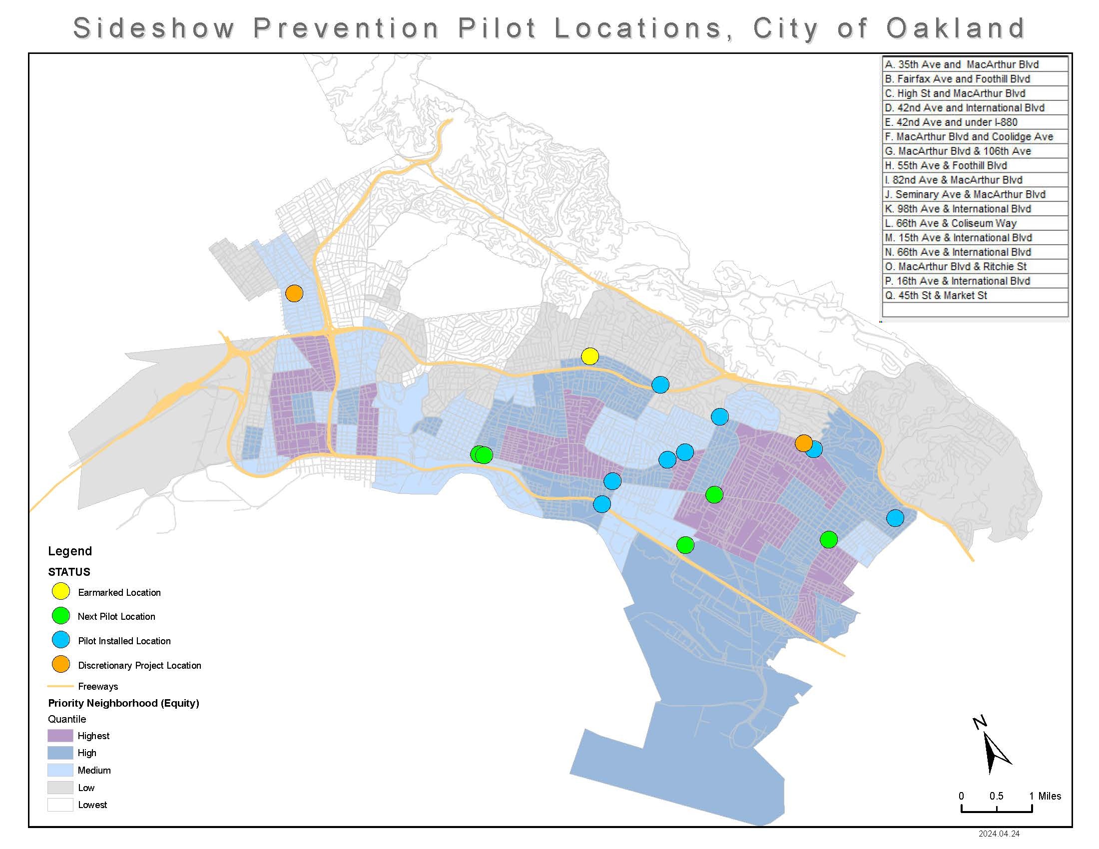 Map of locations where sideshow prevention pilot measures have been installed.