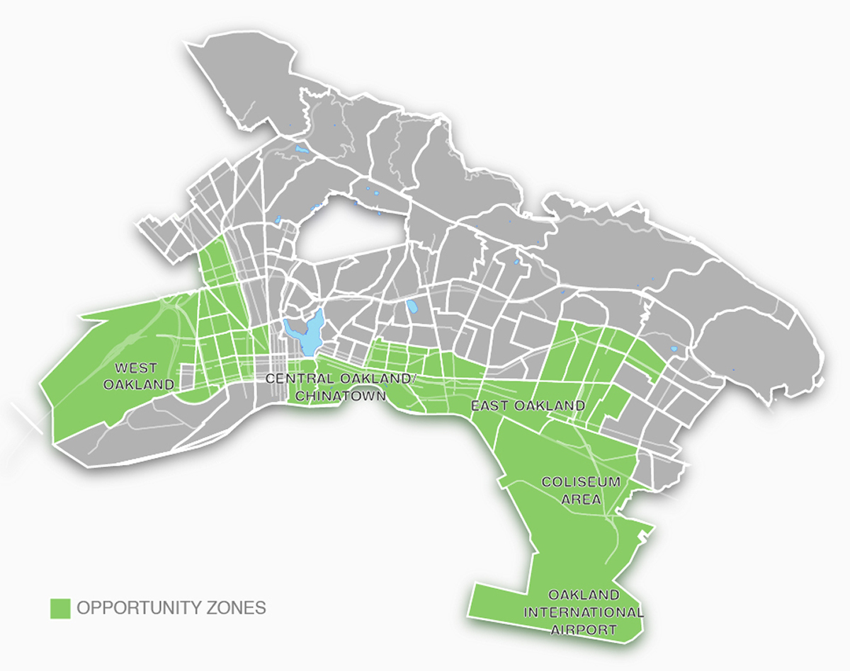Map showing Oakland's 30 census tracts that have been designated Opportunity Zones