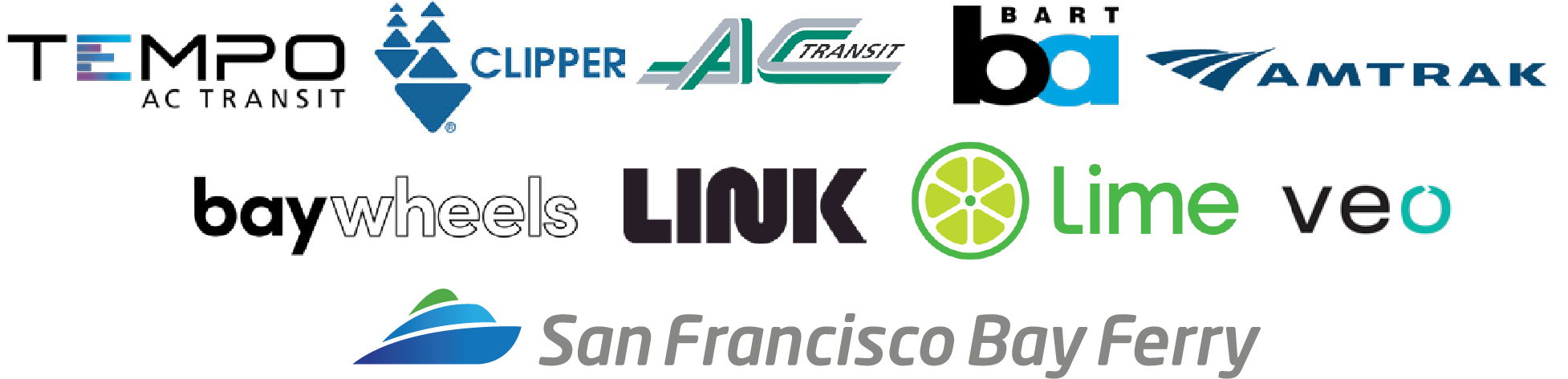 Logos for AC Transit, Clipper, BART, Amtrak, BayWheels, LINK, Lime, Veo, and WETA Ferry