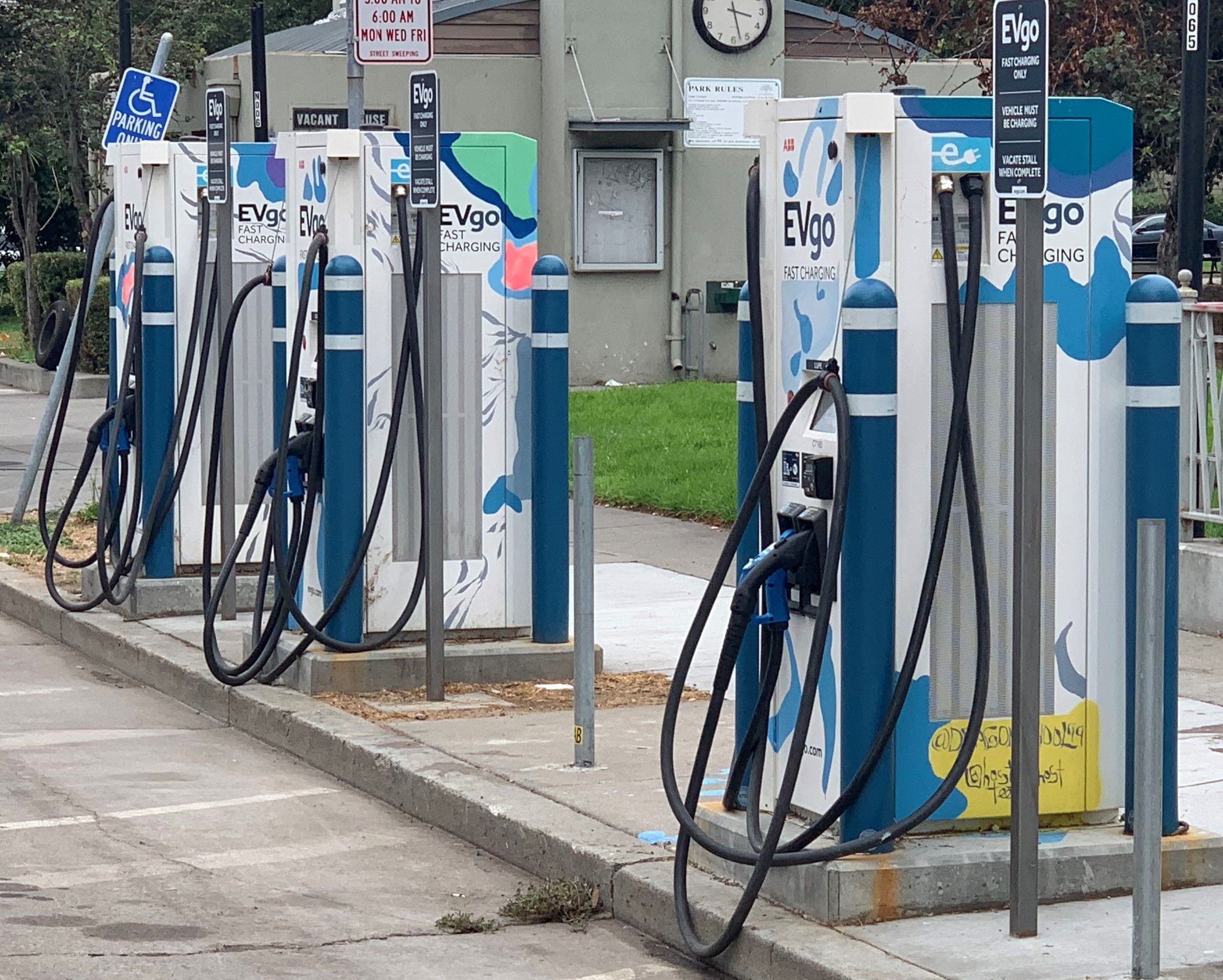 A photo of curb-side electric vehicle chargers
