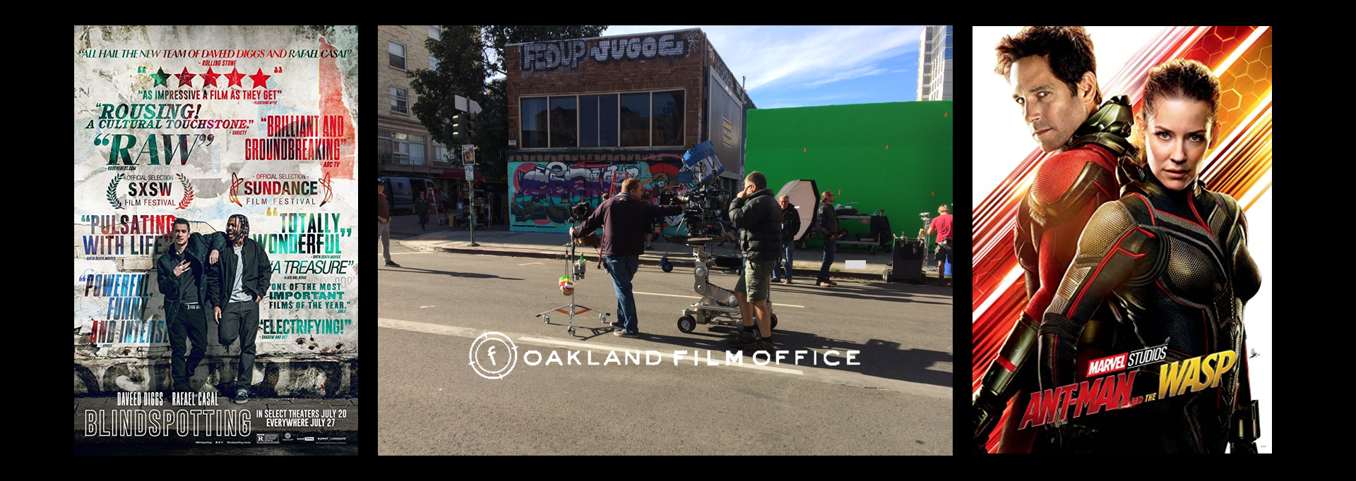 Blindspotting Oakland City street film shoot and Antman 2 posters Oakland Film Office website page header collage