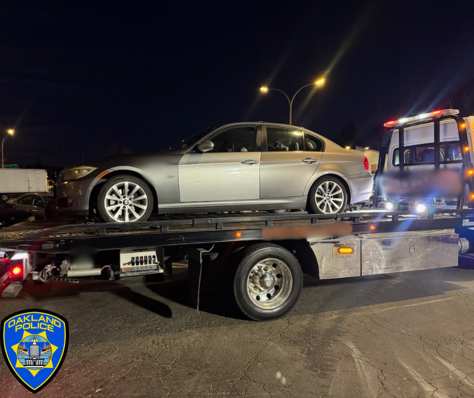 Recovered vehicle on the back of a tow truck