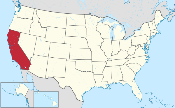 Map of the United States, highlighting California in red
