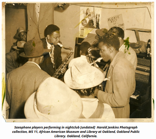 Black saxophone players performing, Oakland, CA