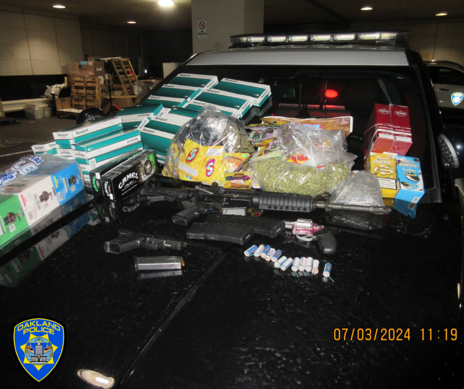 Three loaded firearms, including an “AR15” style assault rifle with a detachable 30-round magazine and a stolen gun, suspected narcotics paraphernalia, banned flavored tobacco products, a large quantity of cannabis products, including packing materials and scales, numerous fireworks, and cartons of prohibited and unlawful tobacco products from out of state.