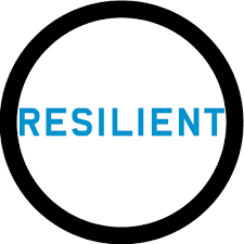 A circle with the text "RESILIENT" in blue caps