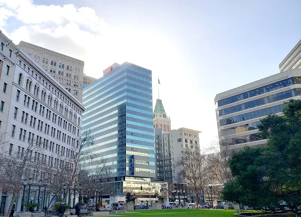 View of downtown Oakland from Frank Ogawa Plaza