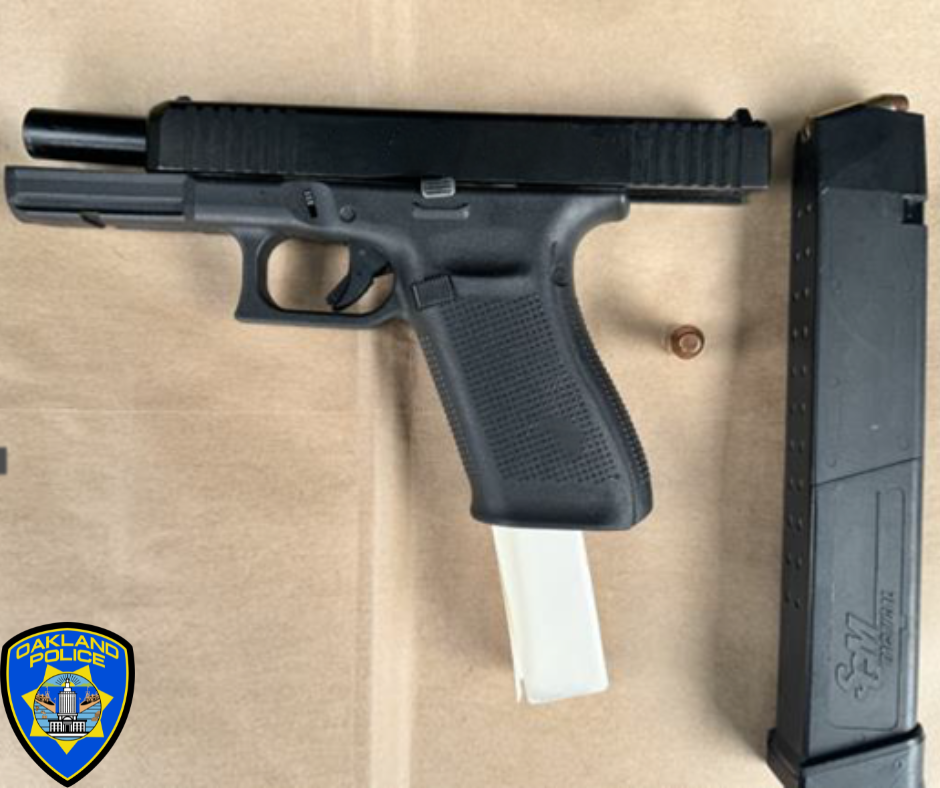Picture of a firearm and extended magazine with OPD's badge logo.