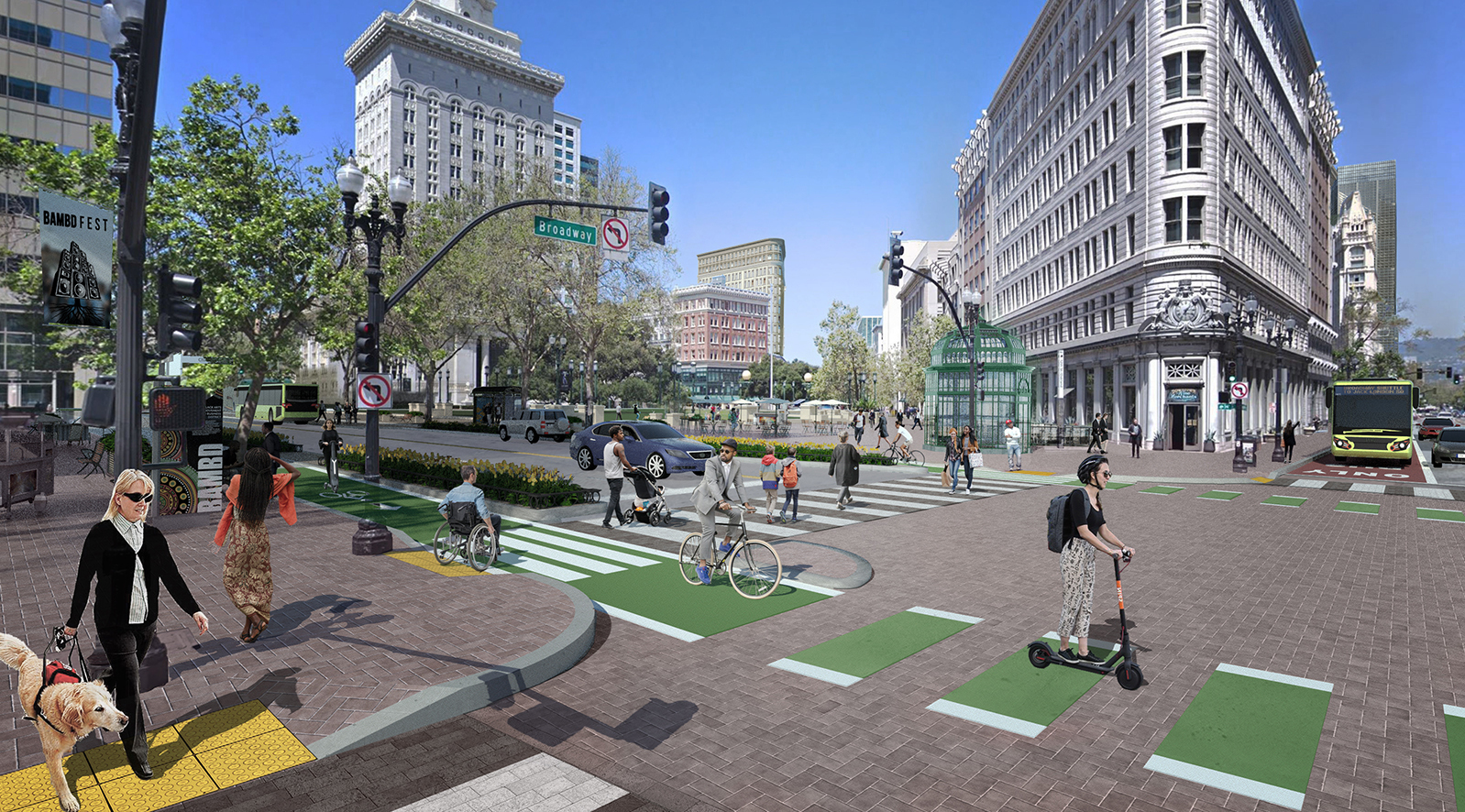 Rendering of changes in Frank Ogawa Plaza showing improved streetscape