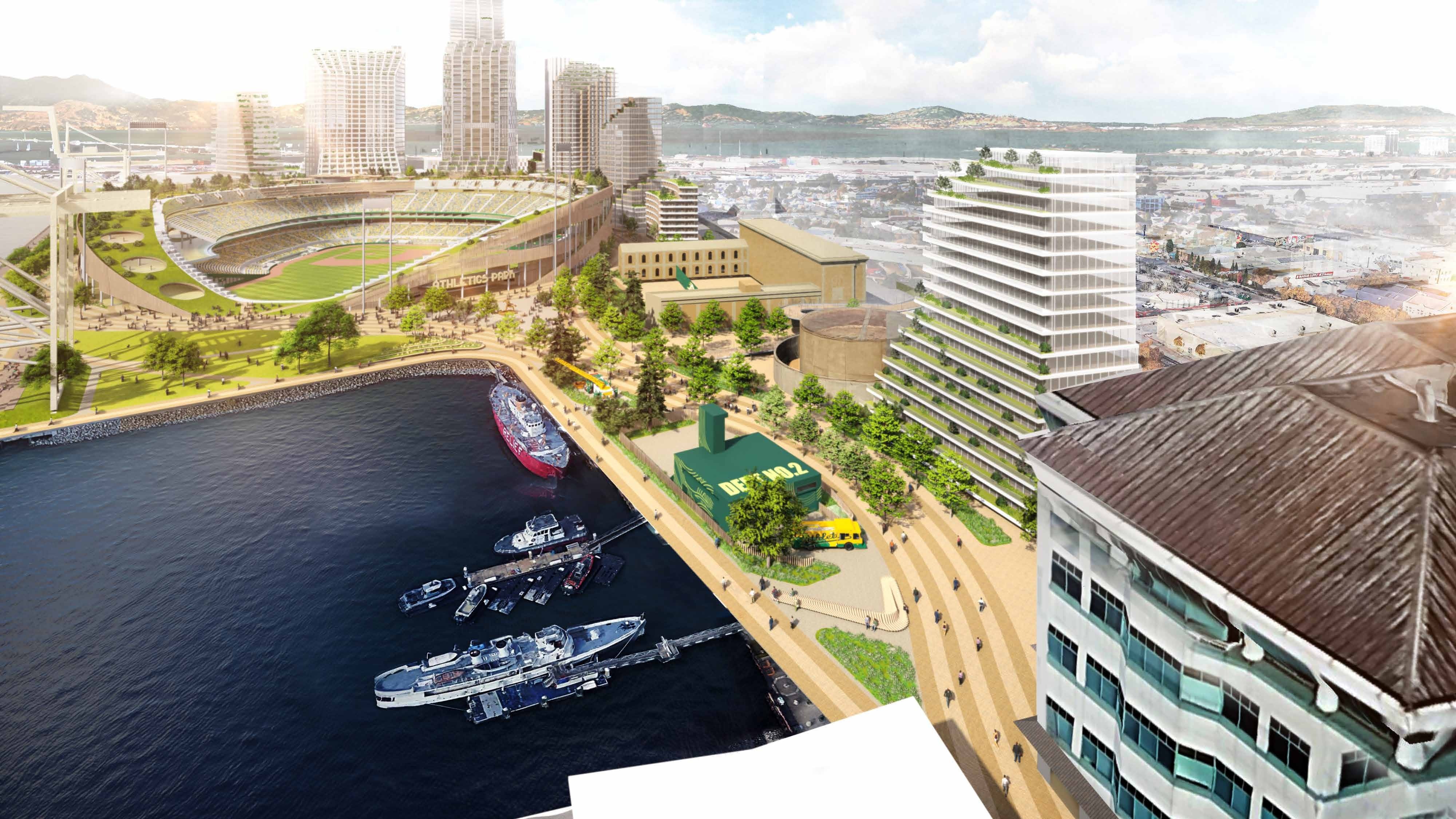 rendering of waterfront ballpark at Howard Terminal