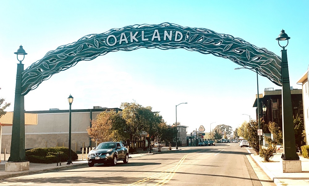 Oakland arch on MacArthur Blvd. at Durant Avenue, part of the MacArthur Boulevard Gateway Arches Public Art Project by Eric Powell