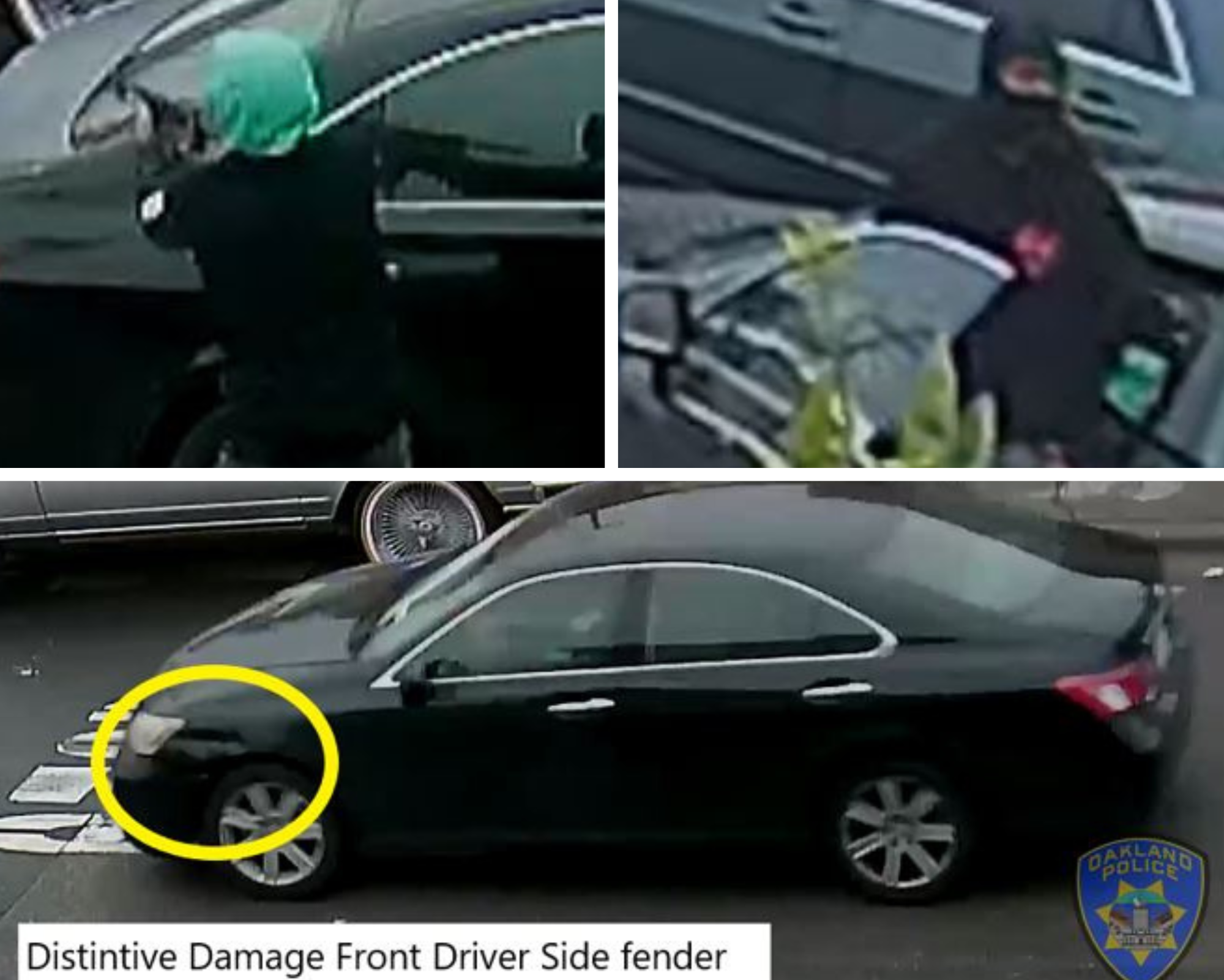 Three suspects in a homicide from Jan. 13, 2024. Also a black, four-door Lexus ES 350 that appears to have noticeable damage on the front, driver-side fender. 