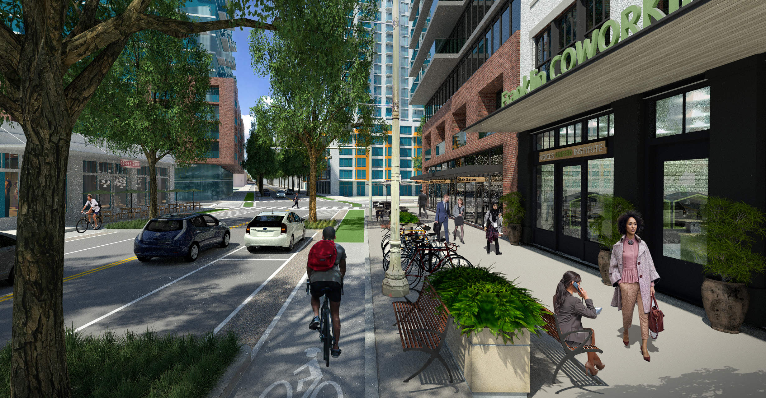 Rendering of Franklin Street in Downtown Oakland showing cyclists in protected bike lanes, people walking and sitting on benches on the sidewalk, and new storefronts.