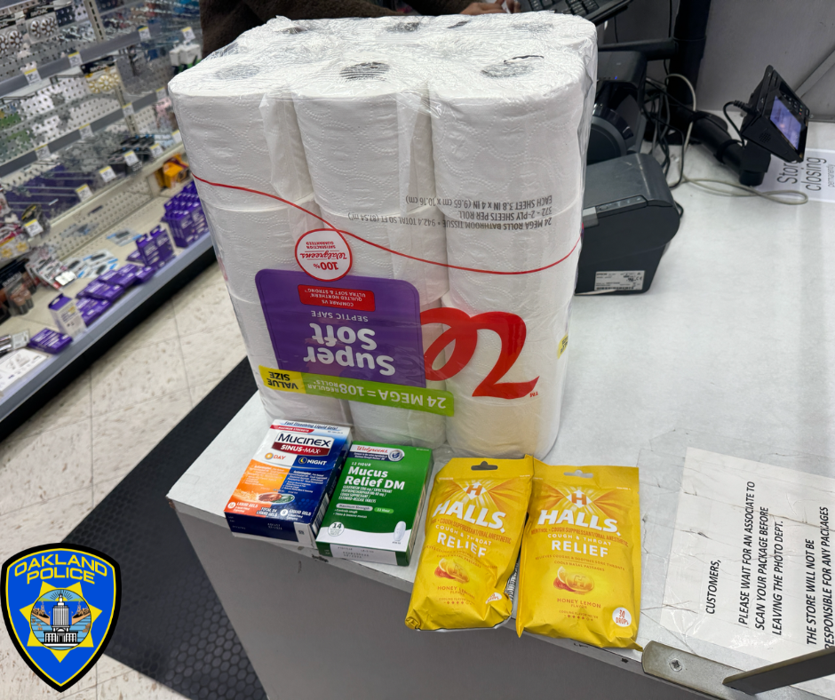 Photo of items stolen in a retail theft case, including toliet paper, cough drops and health products.