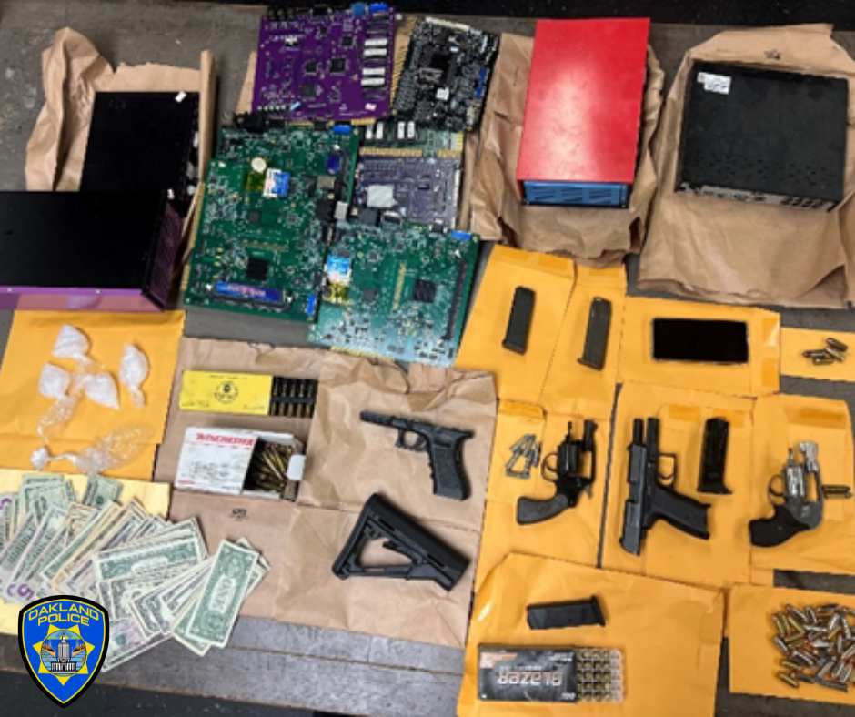 Three recovered firearms, ammunition, an undisclosed amount of cash, narcotics, and multiple illegal casino gaming machines