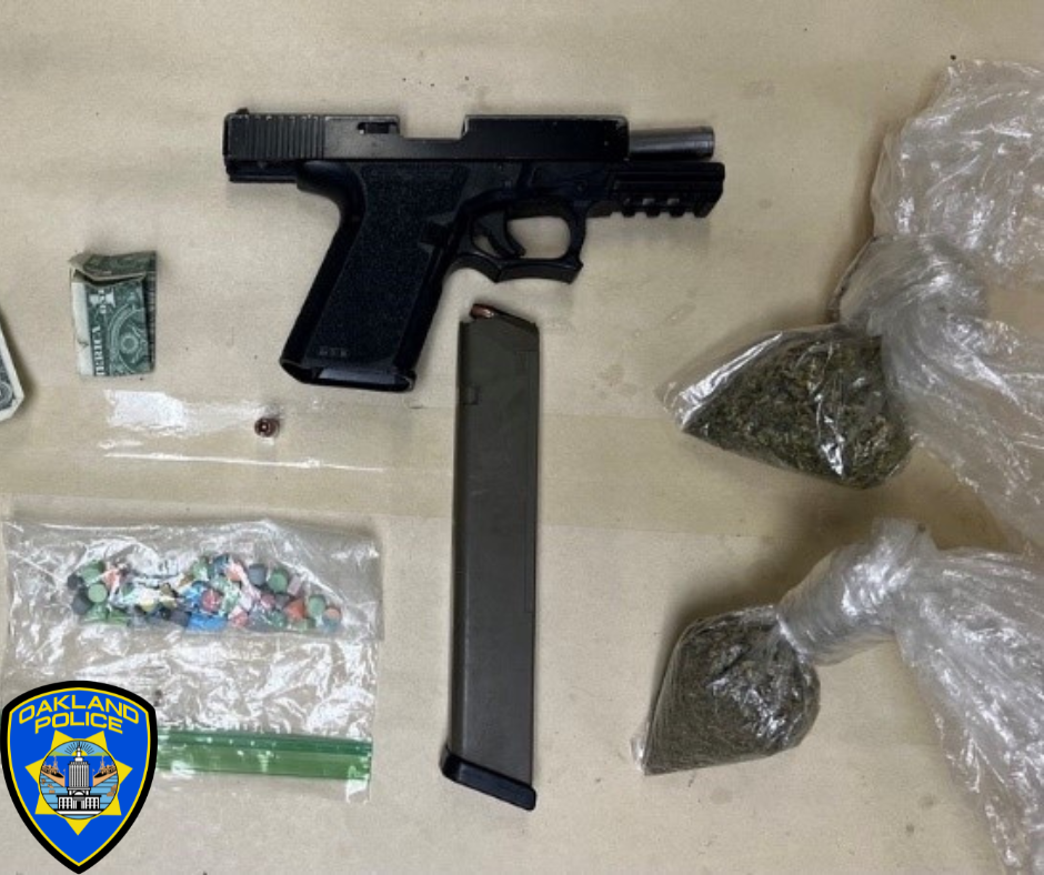 Photo of a firearm with a large capacity magazine, drugs, and cash.