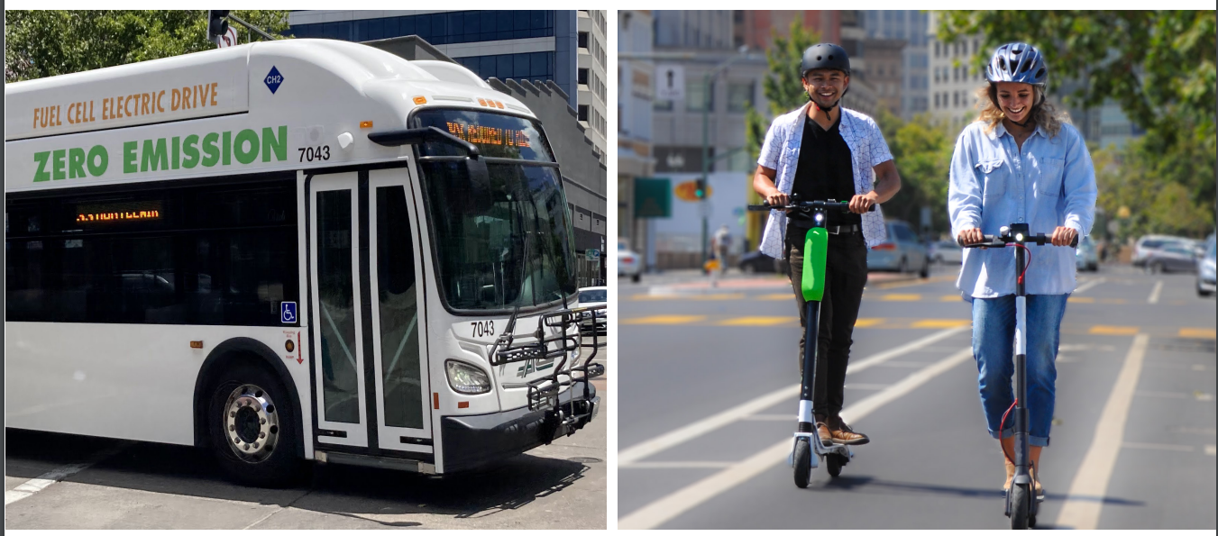 zero emission bus and two people riding scooters
