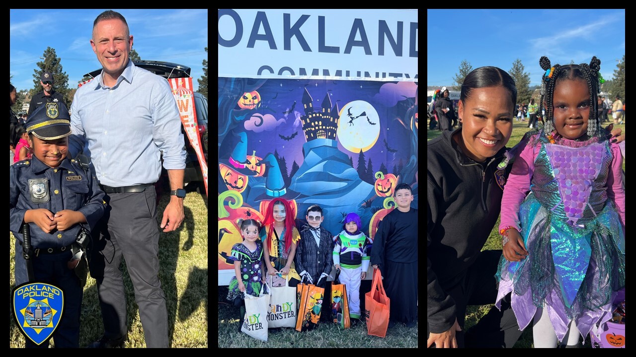 Three photos of OPD staff and community members for the Halloween celebration OPD Trunk or Treat