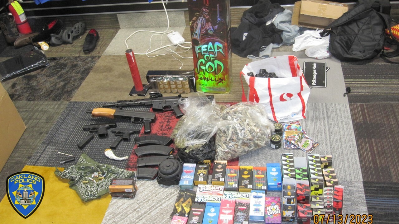 Seized firearms, two of which were assault weapons, numerous extended magazines. illegal fireworks, multiple types of narcotics, including marijuana, and flavored tobacco vapor products.