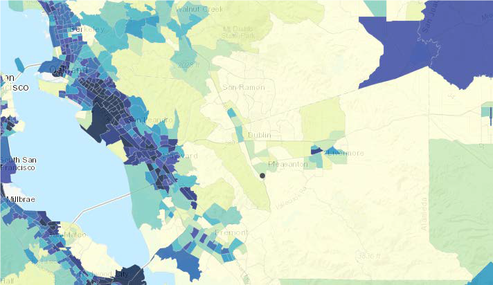 map showing Oakland as hot-spot for lead contamination in Alameda County