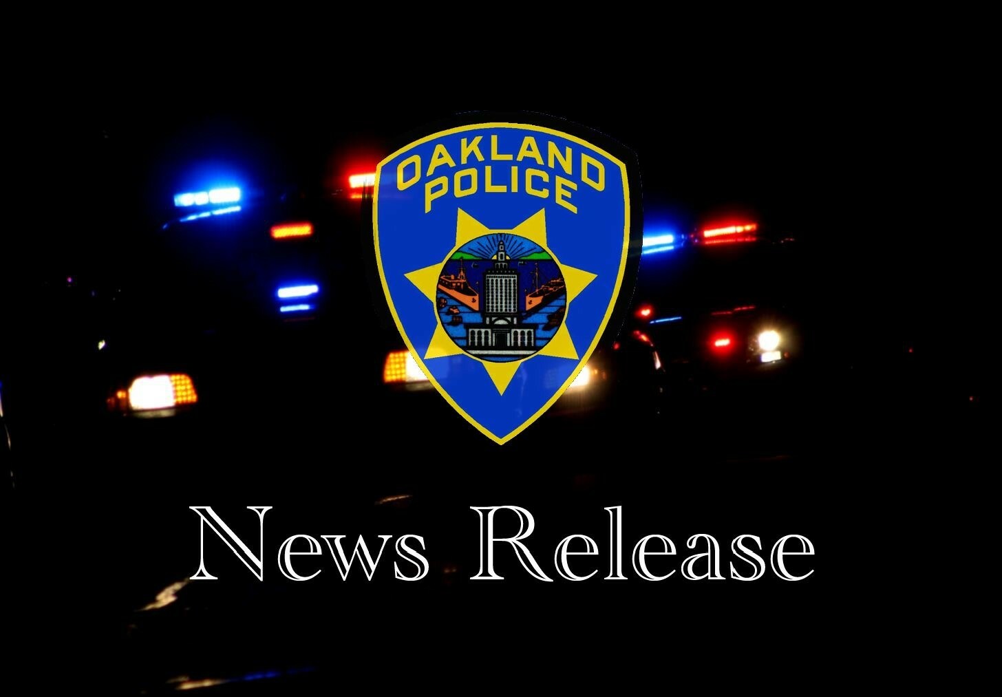 Photo of: OPD Badge with police lights in the background.  News release written across the bottom