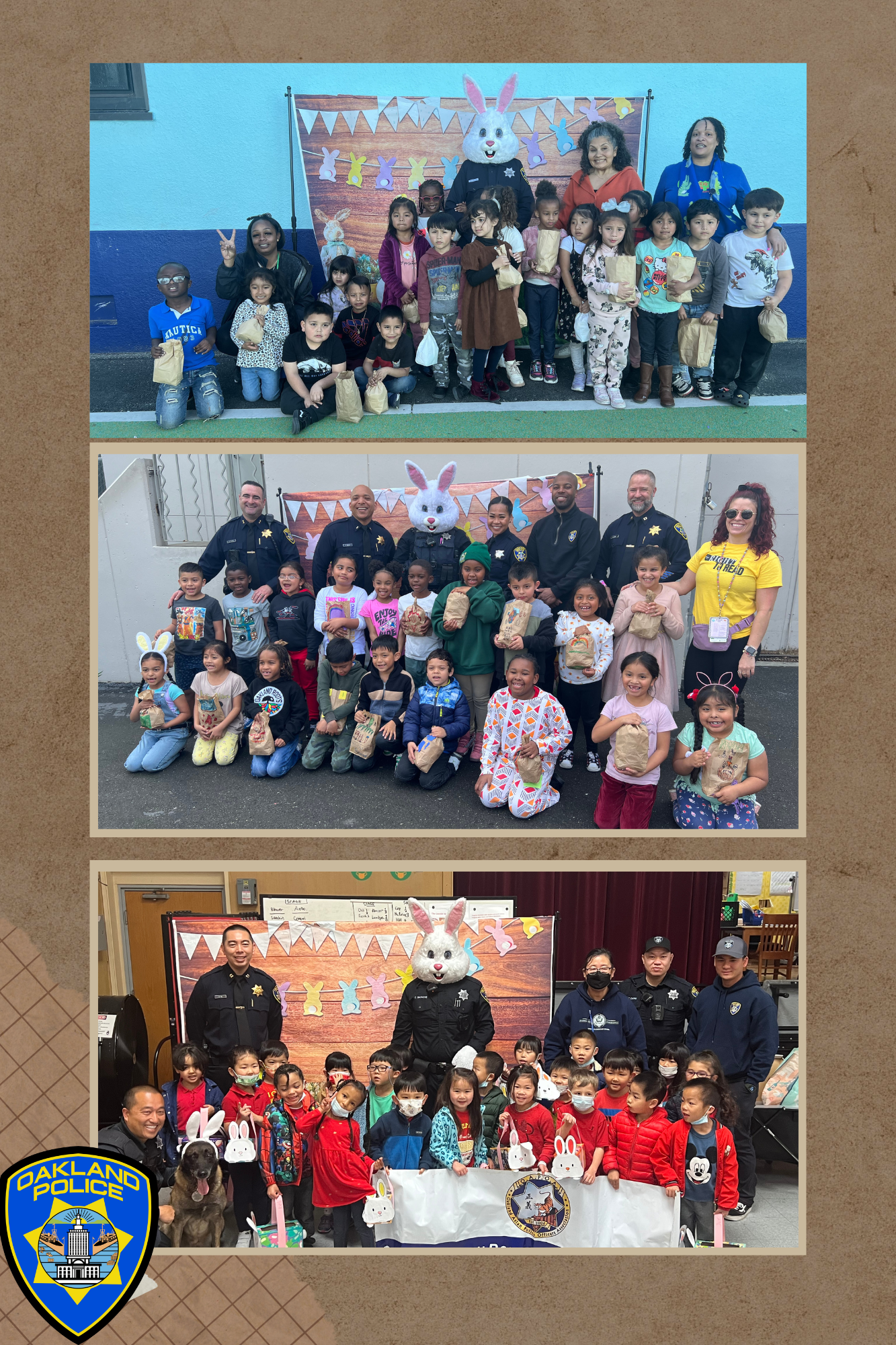 Photo of Oakland Police Officers, students and Officer Cottontail.