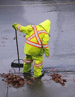 person from behind wearing yellow rain gear oin the rain, raking leaves
