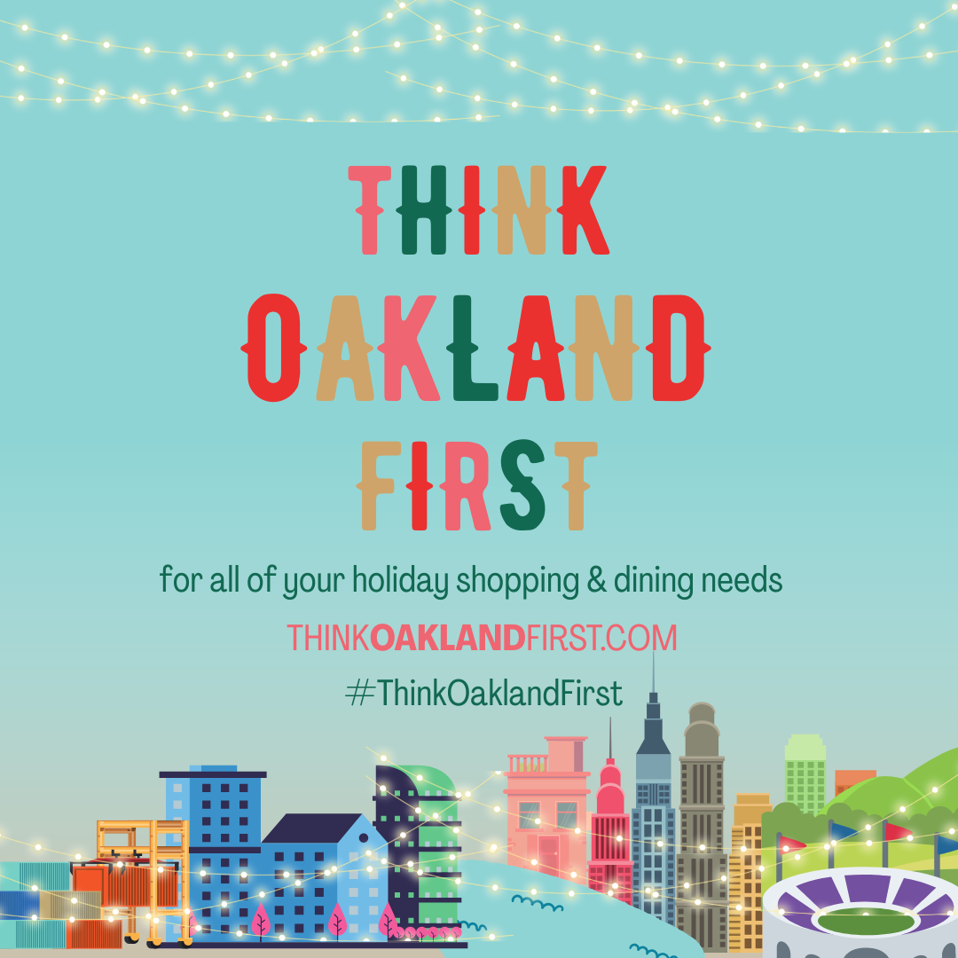 Think Oakland First holiday illustration with colorful cityscape and lights